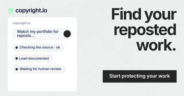 Social ad for copyright.io: "Find your reposted work." Swiss style, right layout, light palette in white, grey.