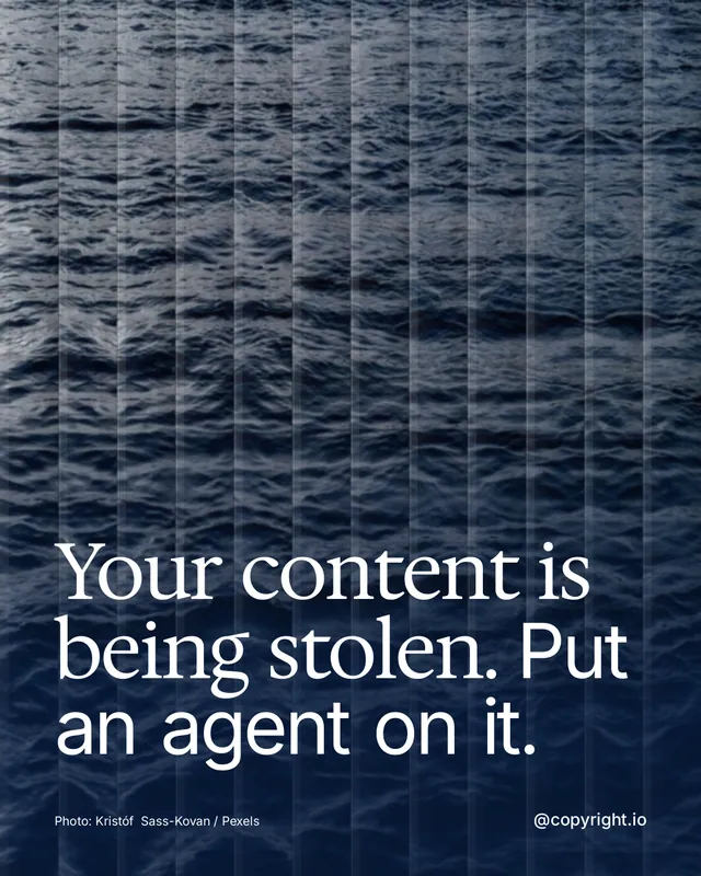 Instagram portrait post for copyright.io: "Your content is being stolen. Put an agent on it." Photo style, technique:fluted glass layout, dark palette in blue, grey.