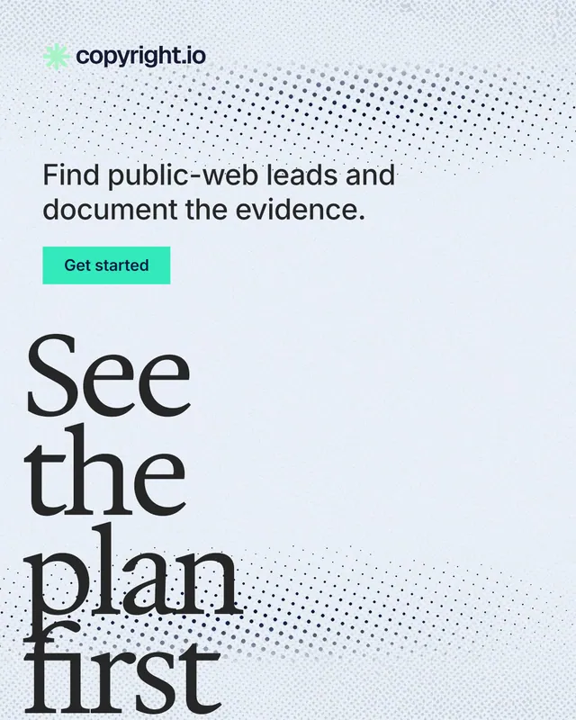 Instagram portrait post for copyright.io: "See the plan first." Swiss style, oversized layout, light palette in white, blue, grey.
