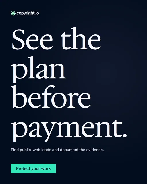 Video for copyright.io: "See the plan before payment.". Doc motion loop, 7.0 s, dark palette.