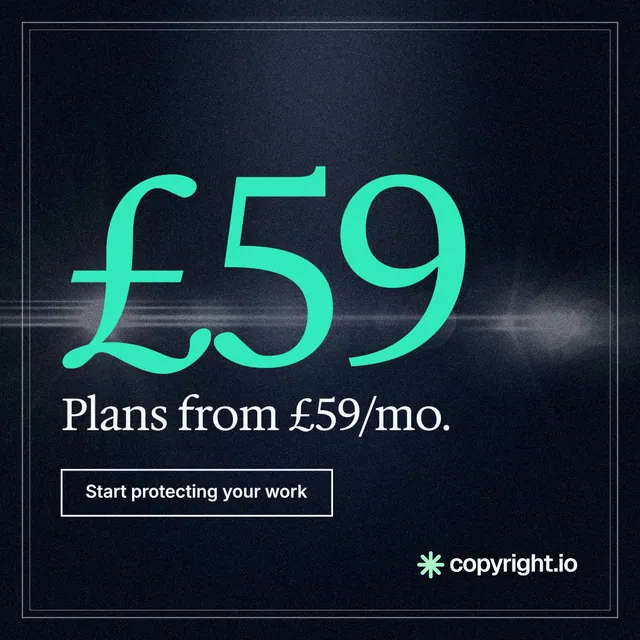 Instagram post for copyright.io: "See the plan before payment." Dark deco style, stat layout, dark palette in blue, black, teal.
