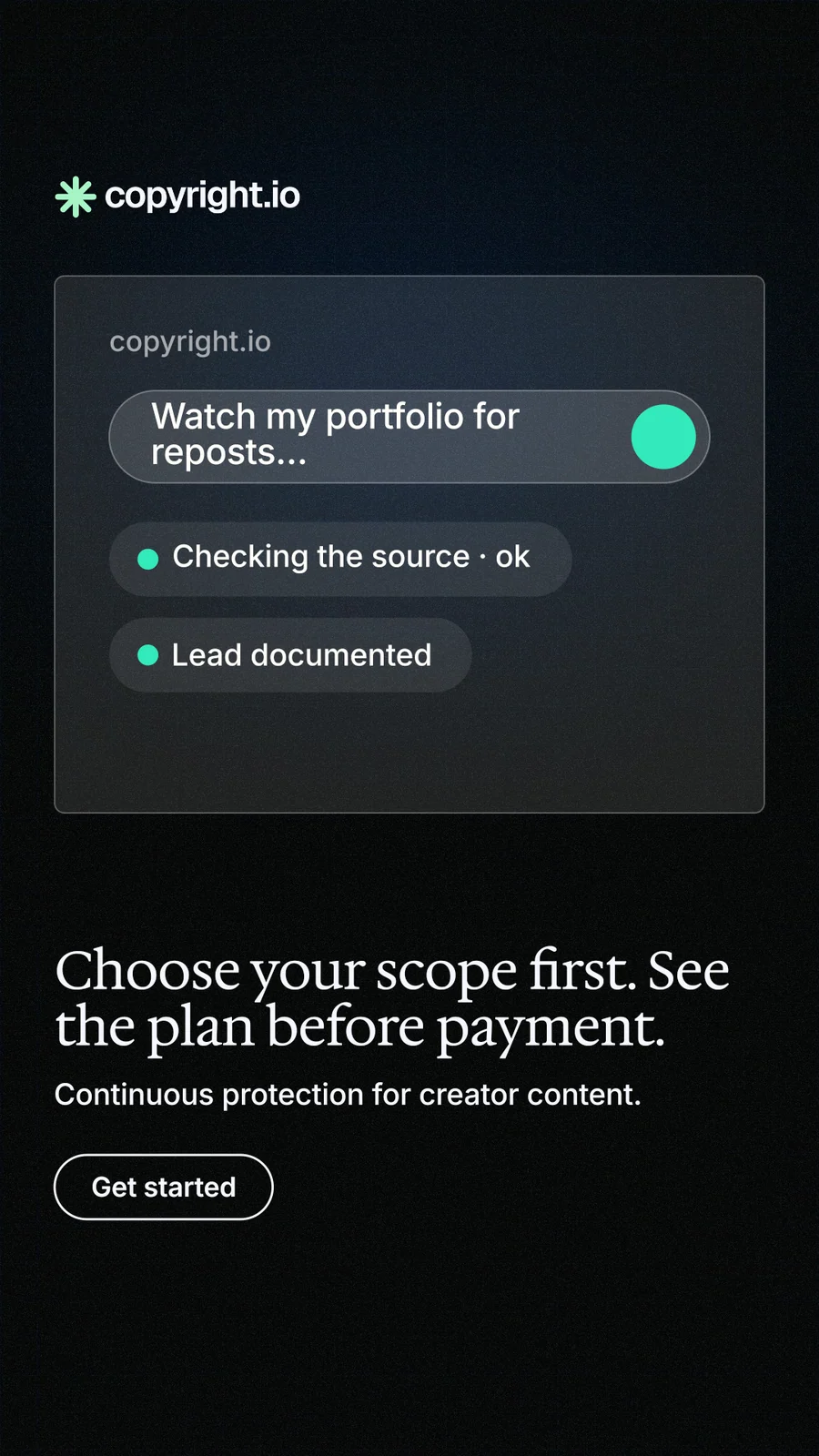 Instagram story for copyright.io: "Choose your scope first. See the plan before payment." Phosphor atlas style, bottom layout, dark palette in black.