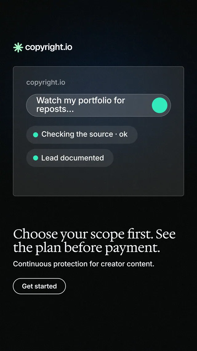 Instagram story for copyright.io: "Choose your scope first. See the plan before payment." Phosphor atlas style, bottom layout, dark palette in black.