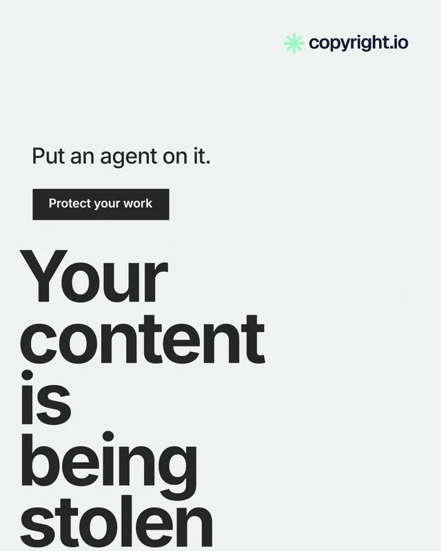 Instagram portrait post for copyright.io: "Your content is being stolen." Swiss style, oversized layout, light palette in white, grey.