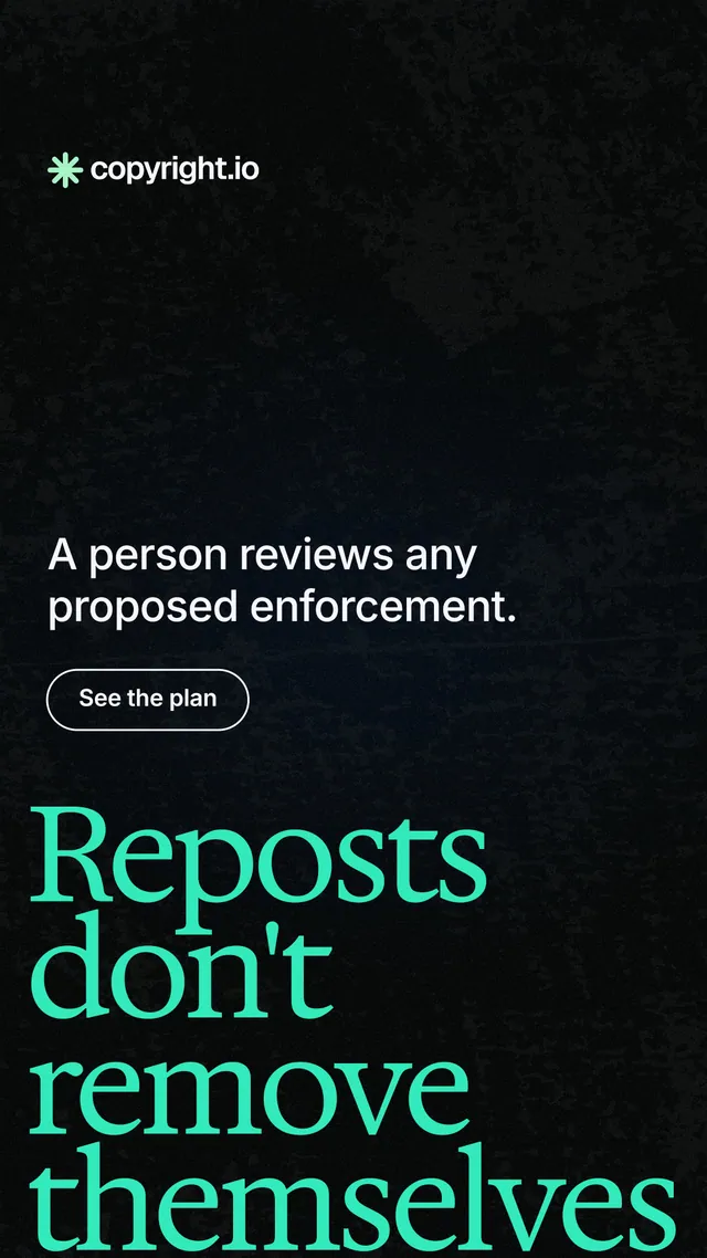 Instagram story for copyright.io: "Reposts don't remove themselves." Phosphor atlas style, oversized layout, dark palette in black, teal.