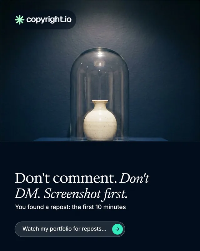 Instagram portrait post for copyright.io: "Don't comment. Don't DM. Screenshot first." Agentic glass style, bottom layout, dark palette in blue, black, grey.