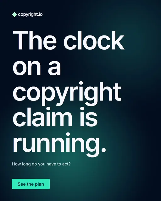 Video for copyright.io: "The clock on a copyright claim is running.". Doc motion loop, 6.0 s, dark palette.