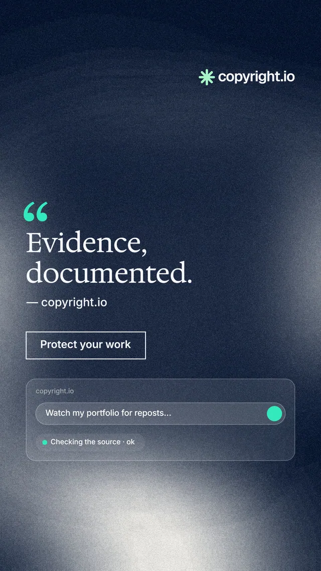 Instagram story for copyright.io: "Evidence, documented." Cyanotype style, quote layout, dark palette in blue, grey.