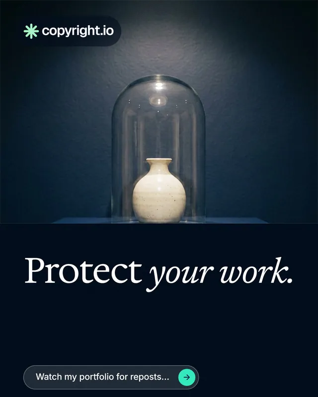 Instagram portrait post for copyright.io: "Protect your work." Agentic glass style, bottom layout, dark palette in black, blue, grey.
