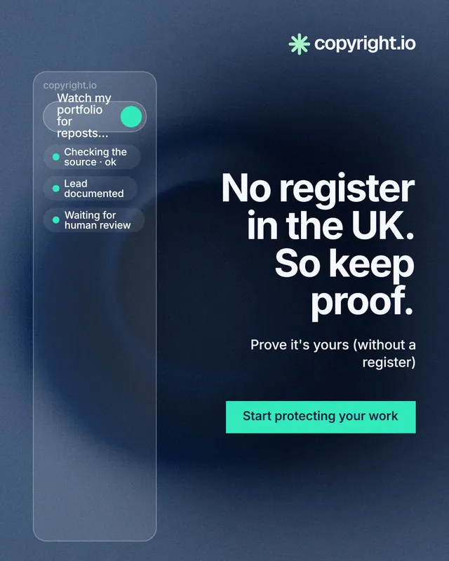 Instagram portrait post for copyright.io: "No register in the UK. So keep proof." Swiss style, right layout, dark palette in blue, black.
