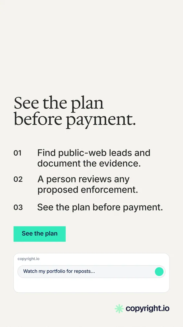Instagram story for copyright.io: "See the plan before payment." Swiss style, numbered layout, light palette in white, grey.