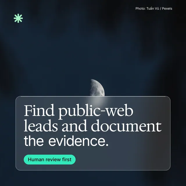 Instagram post for copyright.io: "Find public-web leads and document the evidence." Glass style, technique:pexels ingredient layout, dark palette in blue, black, grey.