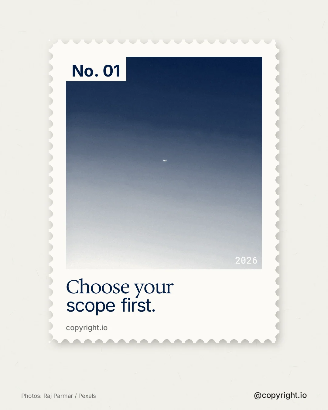 Instagram portrait post for copyright.io: "Choose your scope first." Single style, technique:stamp series layout, light palette in white, blue.