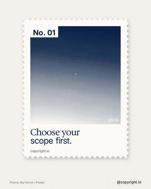 Instagram portrait post for copyright.io: "Choose your scope first." Single style, technique:stamp series layout, light palette in white, blue.