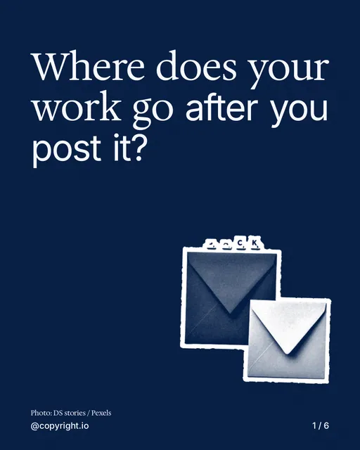 Carousel for copyright.io: "Where does your work go after you post it?". Cutout essay, 6 slides, dark palette.