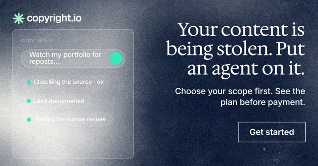 Social ad for copyright.io: "Your content is being stolen. Put an agent on it." Cyanotype style, right layout, dark palette in grey, blue.