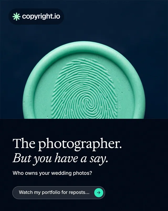 Instagram portrait post for copyright.io: "The photographer. But you have a say." Agentic glass style, bottom layout, dark palette in black, teal, blue.
