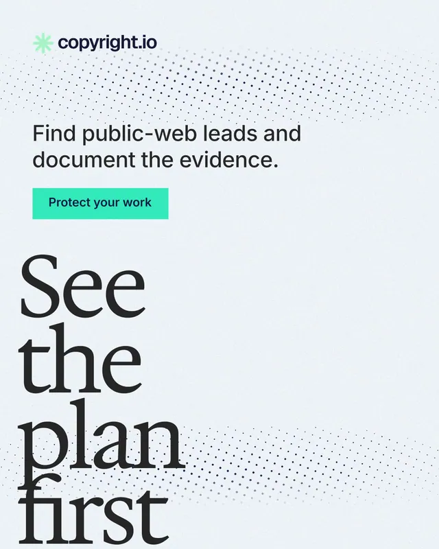 Instagram portrait post for copyright.io: "See the plan first." Swiss style, oversized layout, light palette in white, grey.