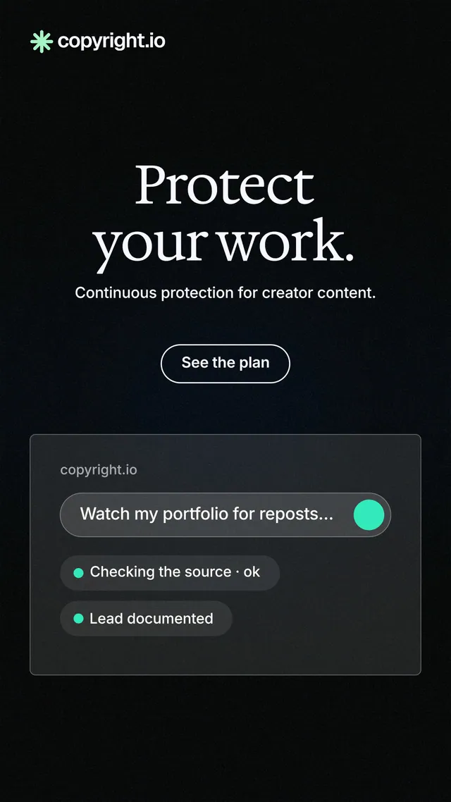 Instagram story for copyright.io: "Protect your work." Phosphor atlas style, centred layout, dark palette in black.