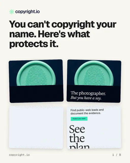 Carousel for copyright.io: "You can't copyright your name. Here's what protects it.". Collection carousel, 8 slides, light palette.