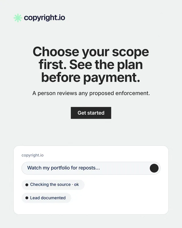 Instagram portrait post for copyright.io: "Choose your scope first. See the plan before payment." Swiss style, centred layout, light palette in white.