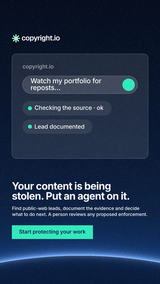 Instagram story for copyright.io: "Your content is being stolen. Put an agent on it." Swiss style, bottom layout, dark palette in blue, black, teal.
