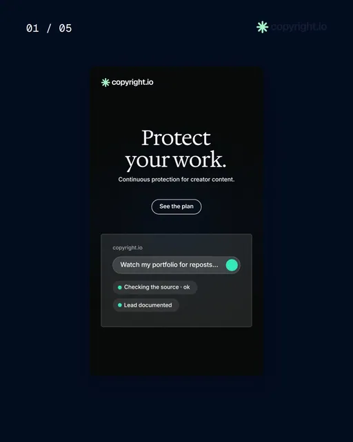 Video for copyright.io. Ad flipbook, 7.5 s, dark palette.