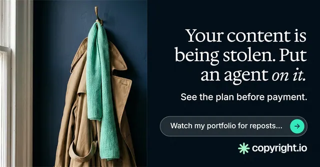 Social ad for copyright.io: "Your content is being stolen. Put an agent on it." Agentic glass style, right layout, dark palette in black, grey.
