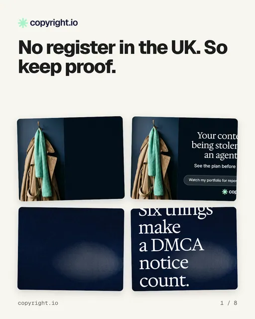 Carousel for copyright.io: "No register in the UK. So keep proof.". Collection carousel, 8 slides, light palette.