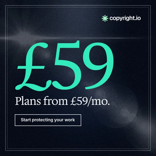Instagram post for copyright.io: "Put an agent on it." Dark deco style, stat layout, dark palette in blue, black, teal.