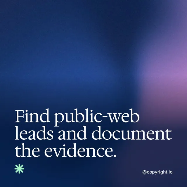 Video for copyright.io: "Find public-web leads and document the evidence.". Shader loop, 6.0 s, dark palette.