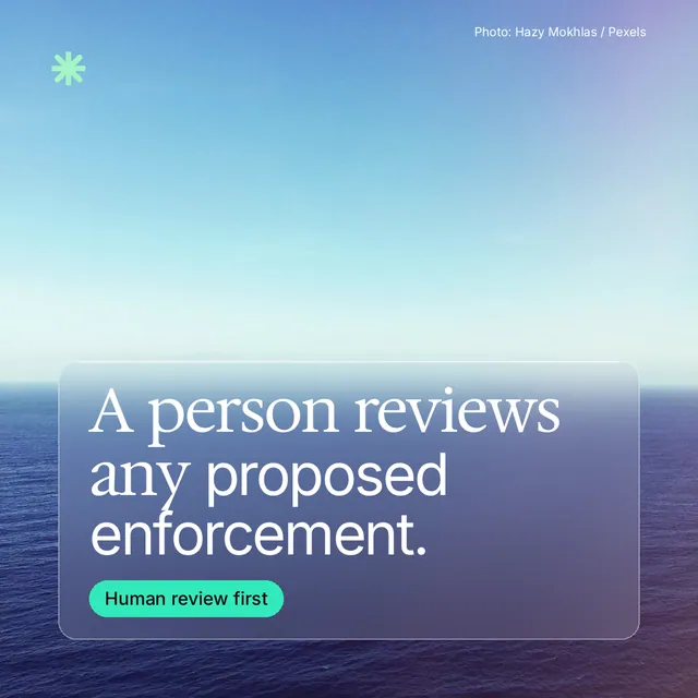 Instagram post for copyright.io: "A person reviews any proposed enforcement." Glass style, technique:pexels ingredient layout, light palette in blue, teal.