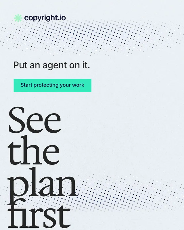 Instagram portrait post for copyright.io: "See the plan first." Swiss style, oversized layout, light palette in white, teal, grey.