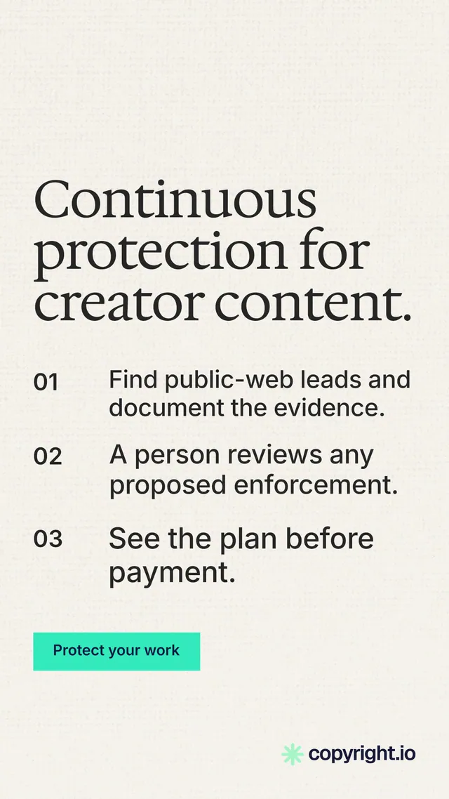 Instagram story for copyright.io: "Continuous protection for creator content." Swiss style, numbered layout, light palette in white, grey.