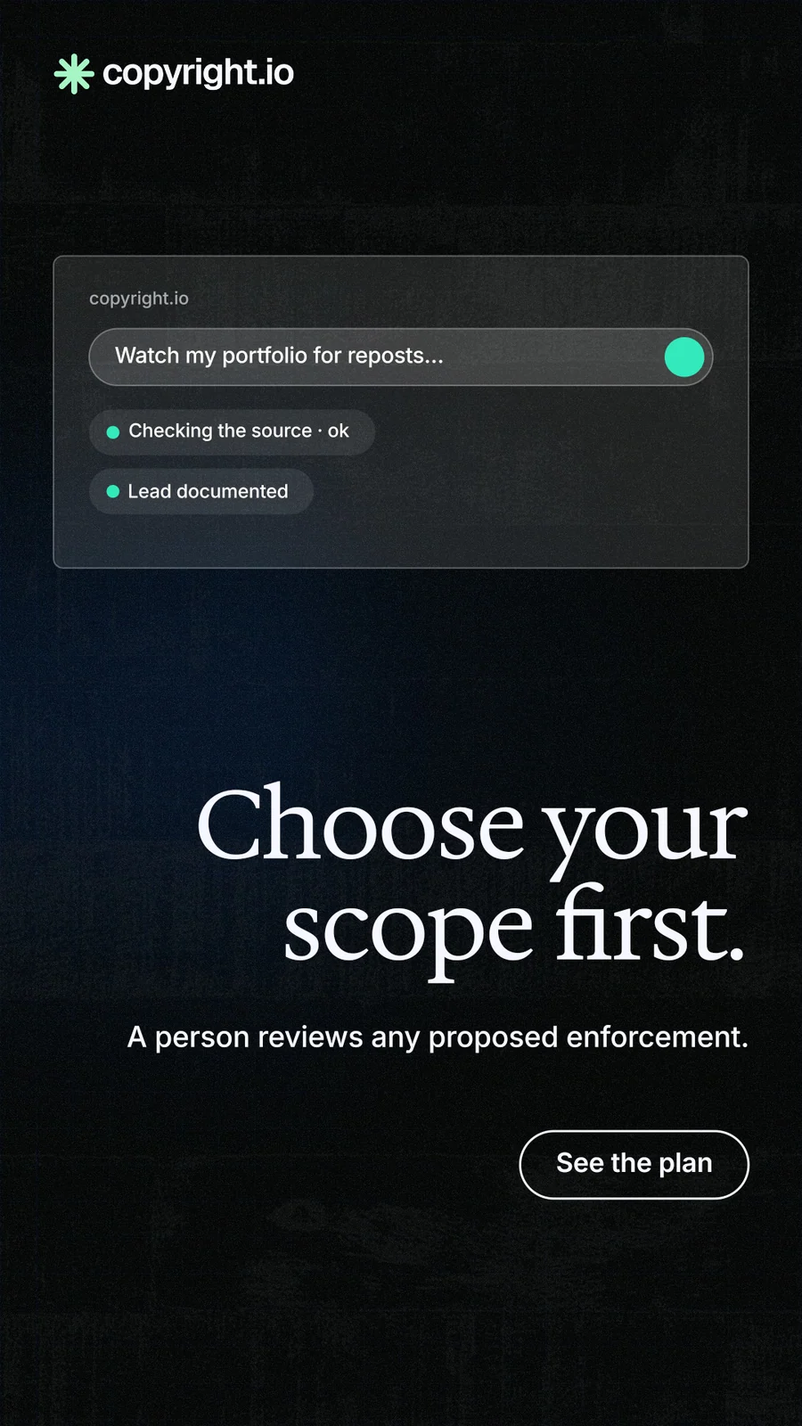 Instagram story for copyright.io: "Choose your scope first." Phosphor atlas style, right layout, dark palette in black.