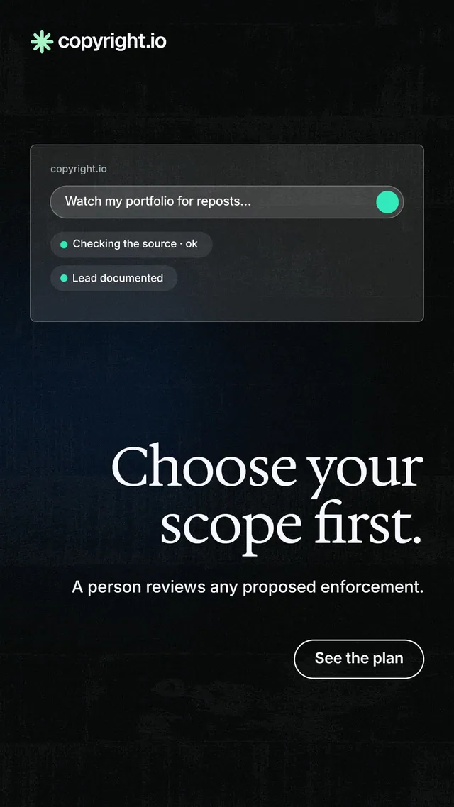 Instagram story for copyright.io: "Choose your scope first." Phosphor atlas style, right layout, dark palette in black.