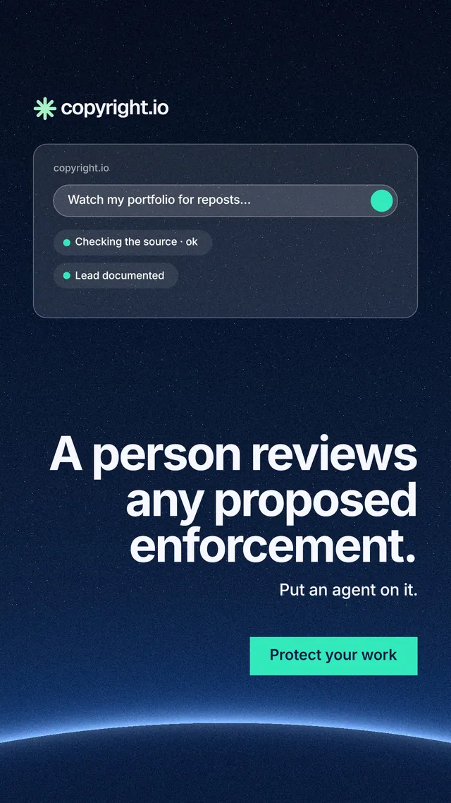 Instagram story for copyright.io: "A person reviews any proposed enforcement." Swiss style, right layout, dark palette in blue, black.