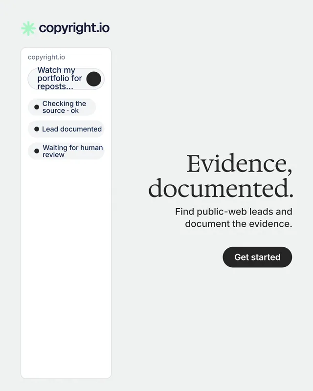 Instagram portrait post for copyright.io: "Evidence, documented." Data card style, right layout, light palette in white.