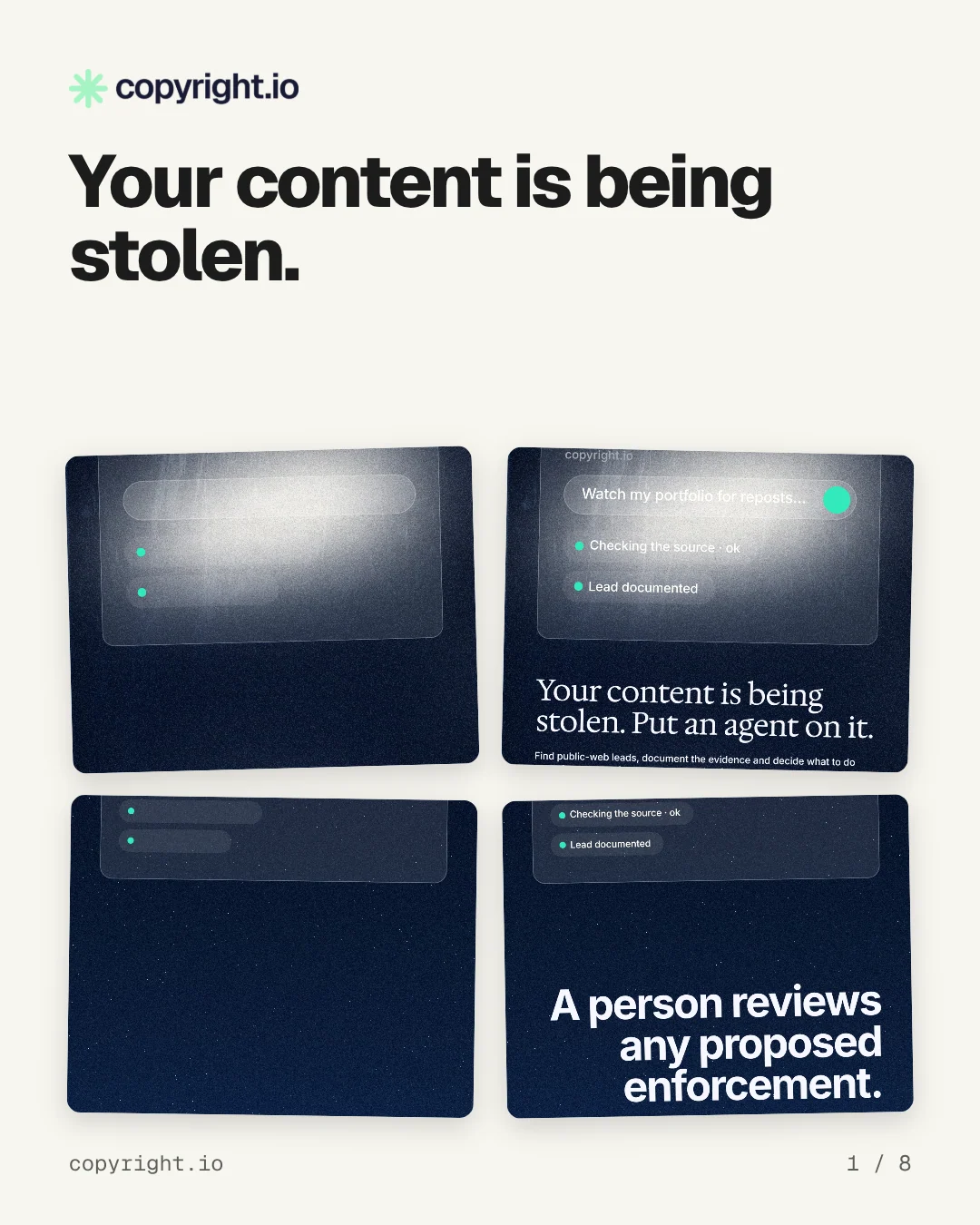 Carousel for copyright.io: "Your content is being stolen.". Collection carousel, 8 slides, light palette.