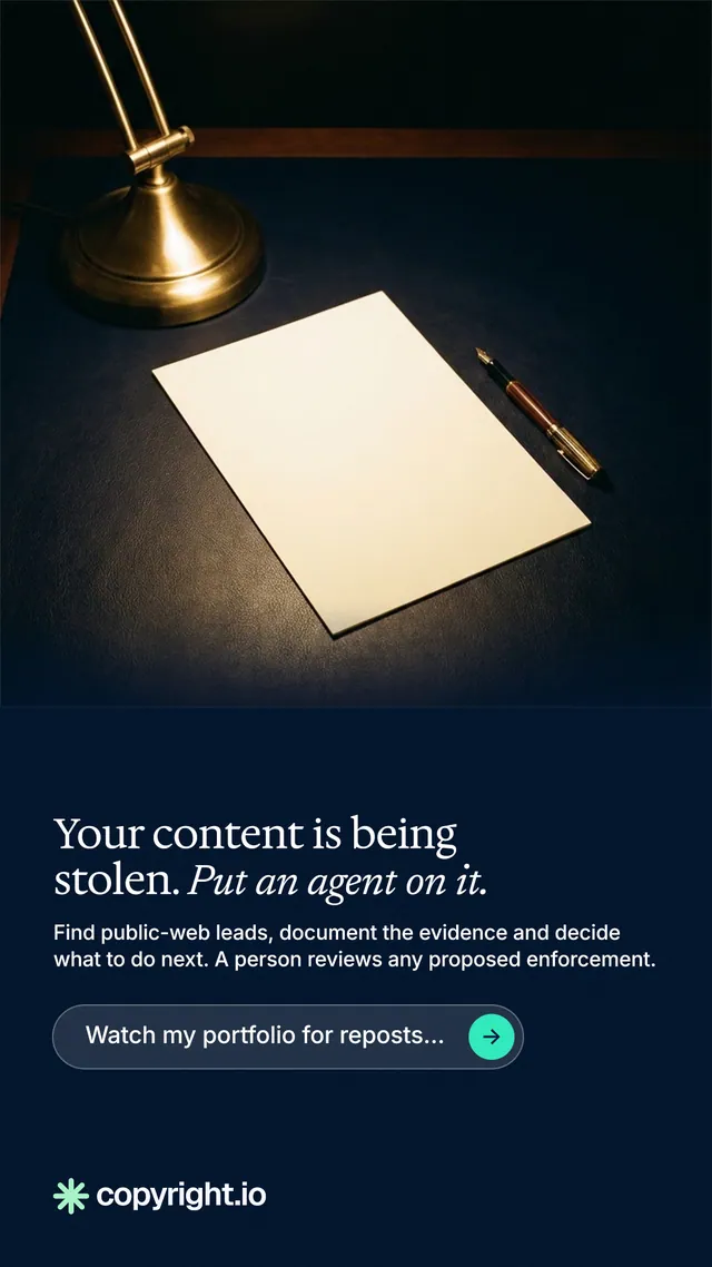 Instagram story for copyright.io: "Your content is being stolen. Put an agent on it." Agentic glass style, bottom layout, dark palette in black, grey.