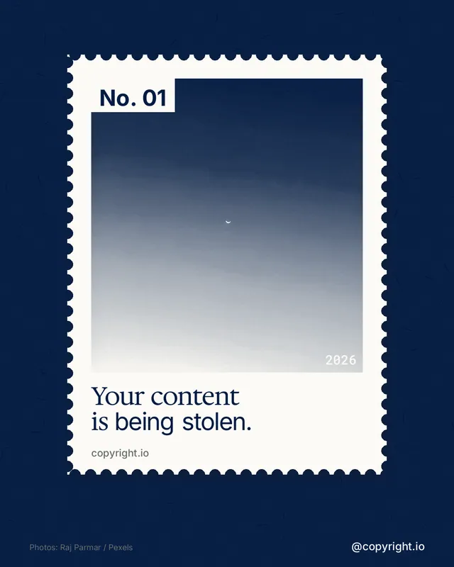 Instagram portrait post for copyright.io: "Your content is being stolen." Single style, technique:stamp series layout, dark palette in blue, white, grey.