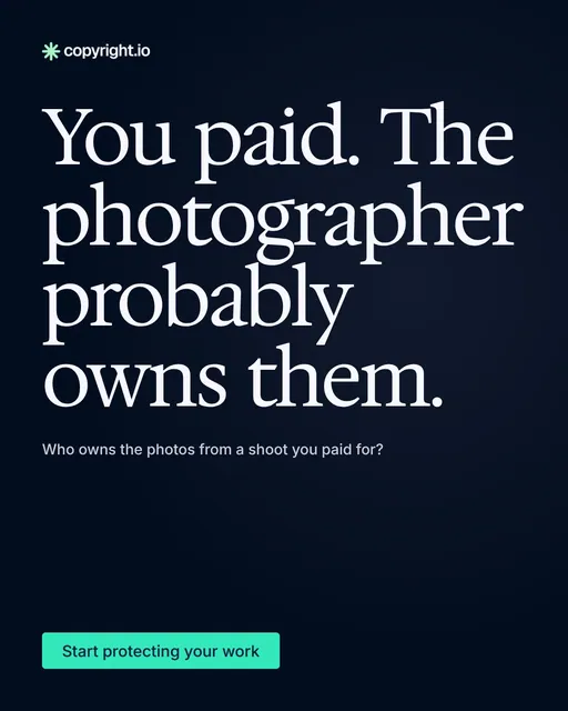 Video for copyright.io: "You paid. The photographer probably owns them.". Doc motion loop, 6.0 s, dark palette.