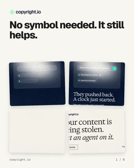 Carousel for copyright.io: "No symbol needed. It still helps.". Collection carousel, 8 slides, light palette.