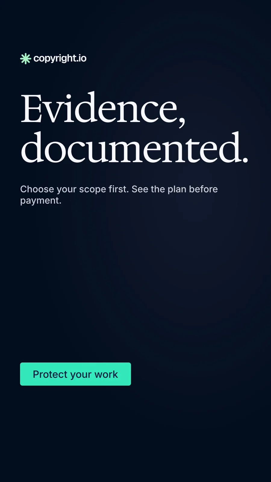 Video for copyright.io: "Evidence, documented.". Doc motion loop, 6.0 s, dark palette.