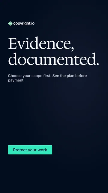 Video for copyright.io: "Evidence, documented.". Doc motion loop, 6.0 s, dark palette.