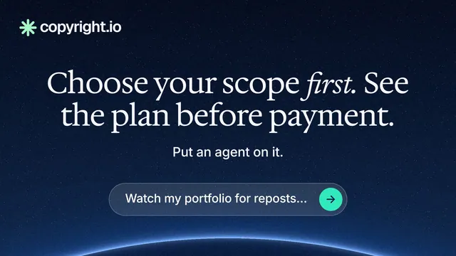 Landscape graphic for copyright.io: "Choose your scope first. See the plan before payment." Agentic glass style, centred layout, dark palette in blue, black.