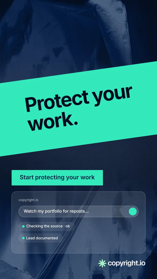 Instagram story for copyright.io: "Protect your work." Swiss style, diagonal layout, dark palette in teal, blue.