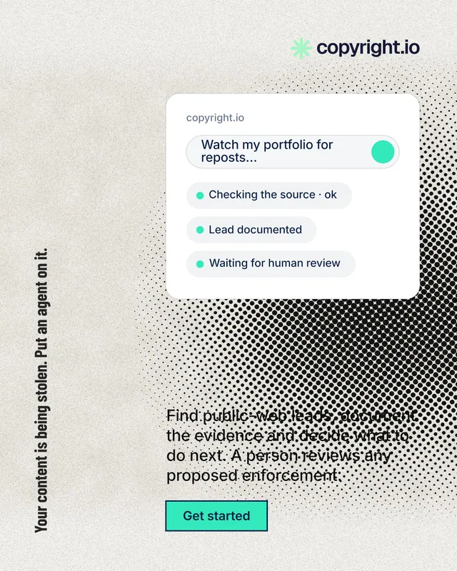 Instagram portrait post for copyright.io: "Your content is being stolen. Put an agent on it." Ink sticker style, vertical layout, light palette in white, grey.