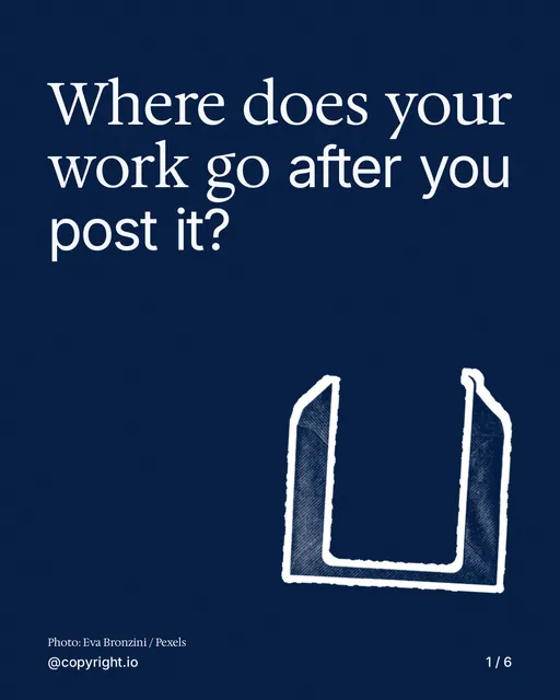 Carousel for copyright.io: "Where does your work go after you post it?". Cutout essay, 6 slides, dark palette.