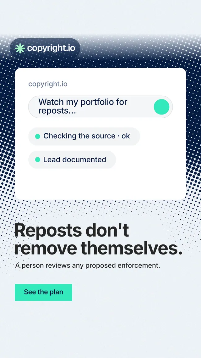Instagram story for copyright.io: "Reposts don't remove themselves." Swiss style, bottom layout, light palette in white, teal, grey.